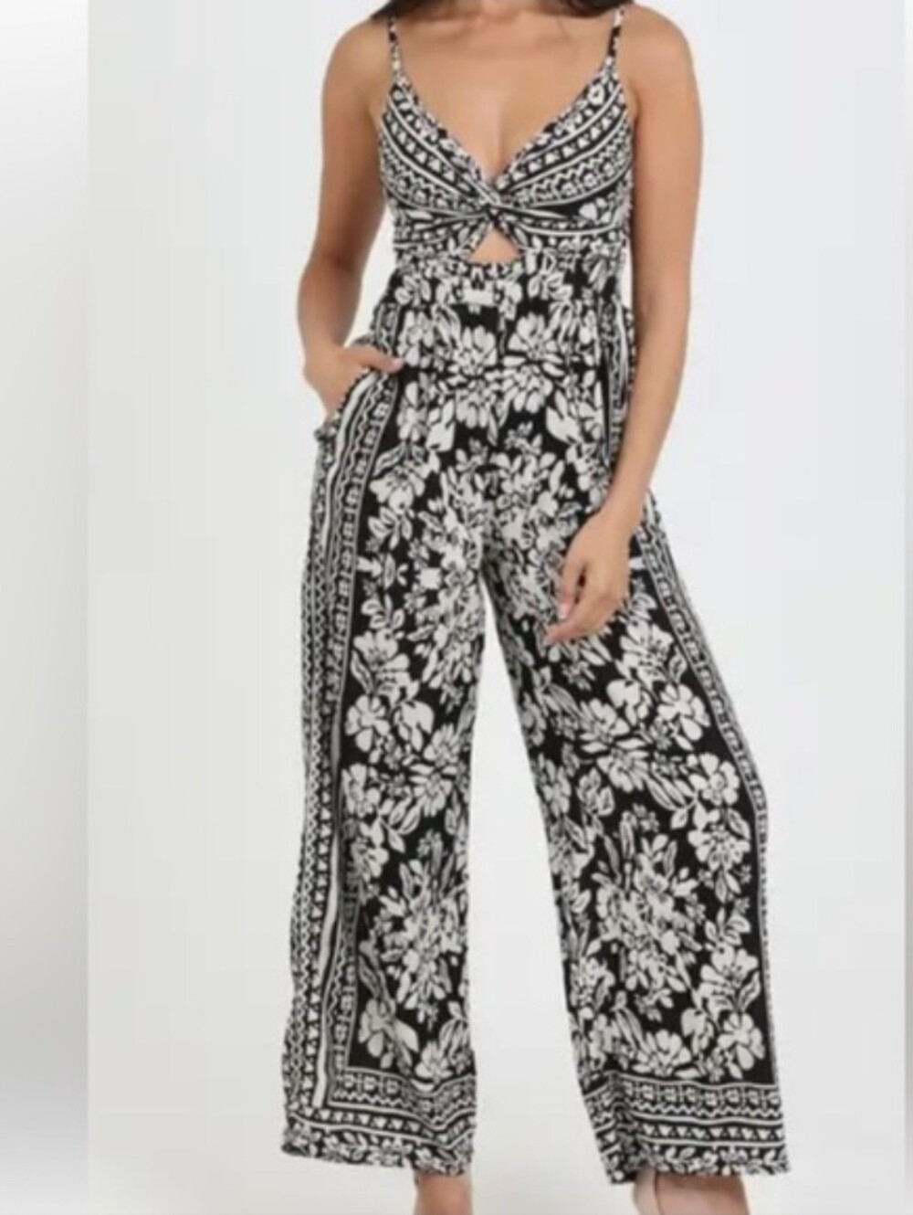Angie Black and White Floral Wide-Leg Jumpsuit